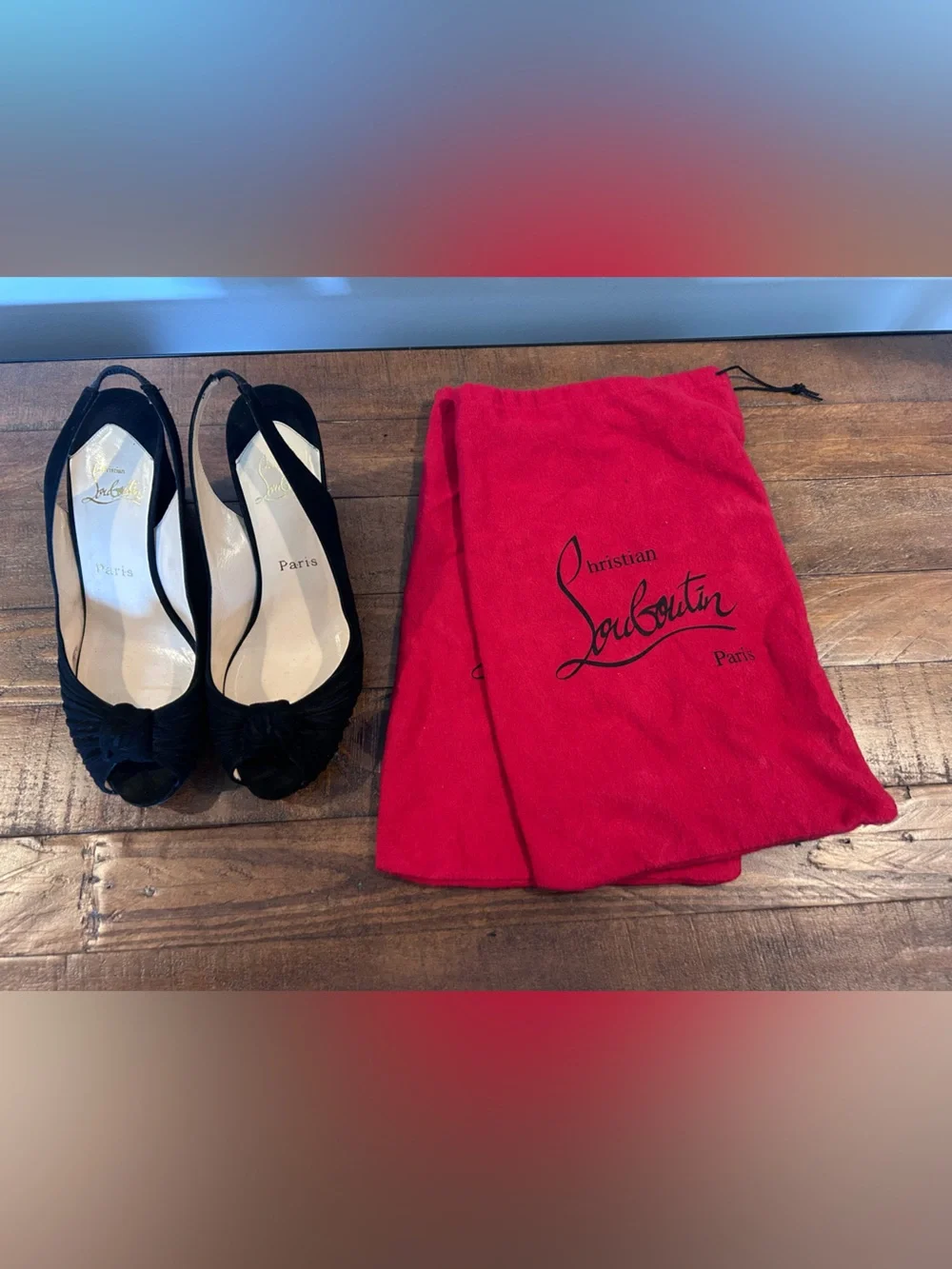Christian Louboutin Black Suede Wedge Slingback Knot Peep-Toe.Size 40.5 See Note